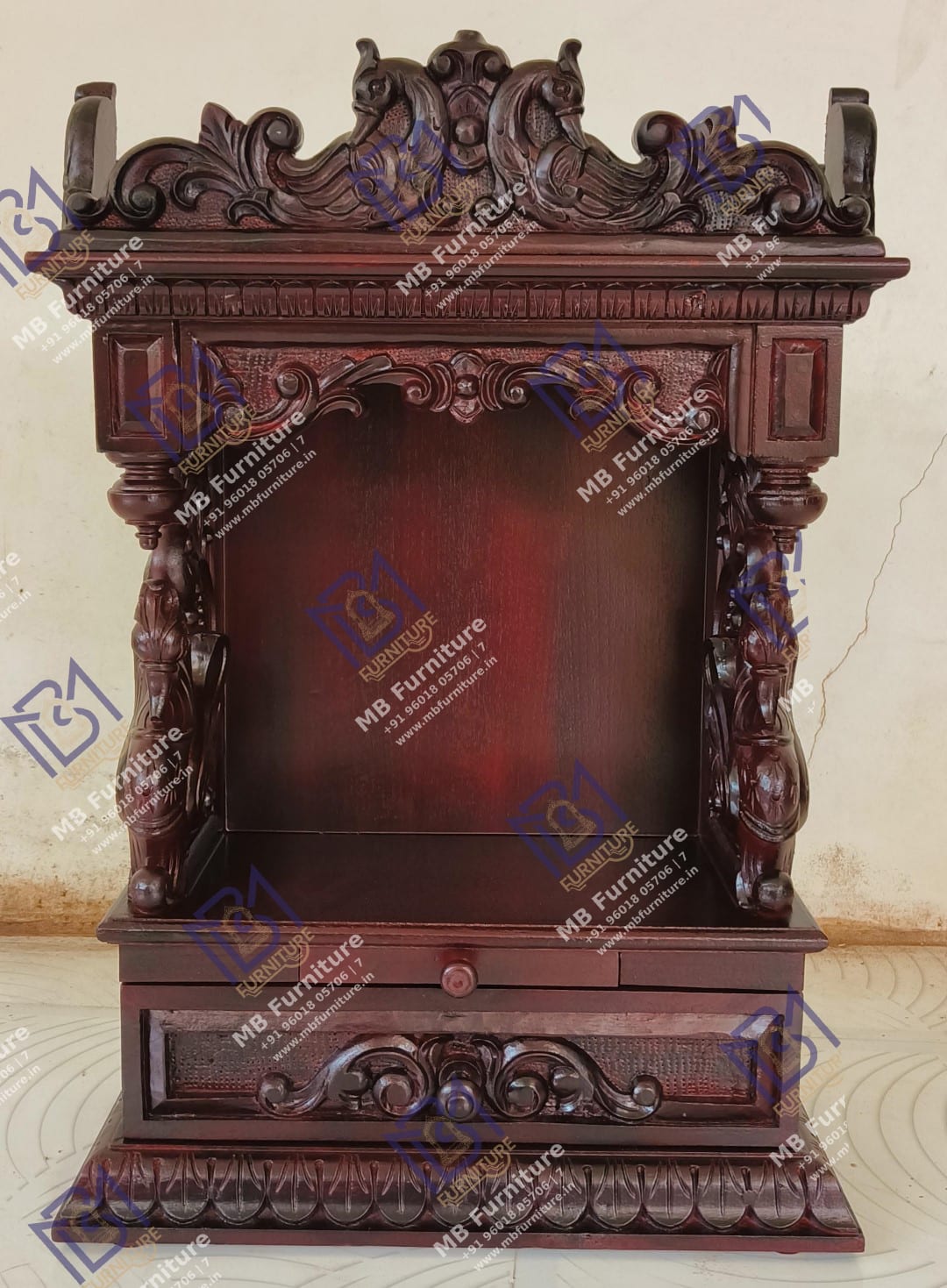 A compact wall-mounted shrine, hand-carved for smaller spaces.
