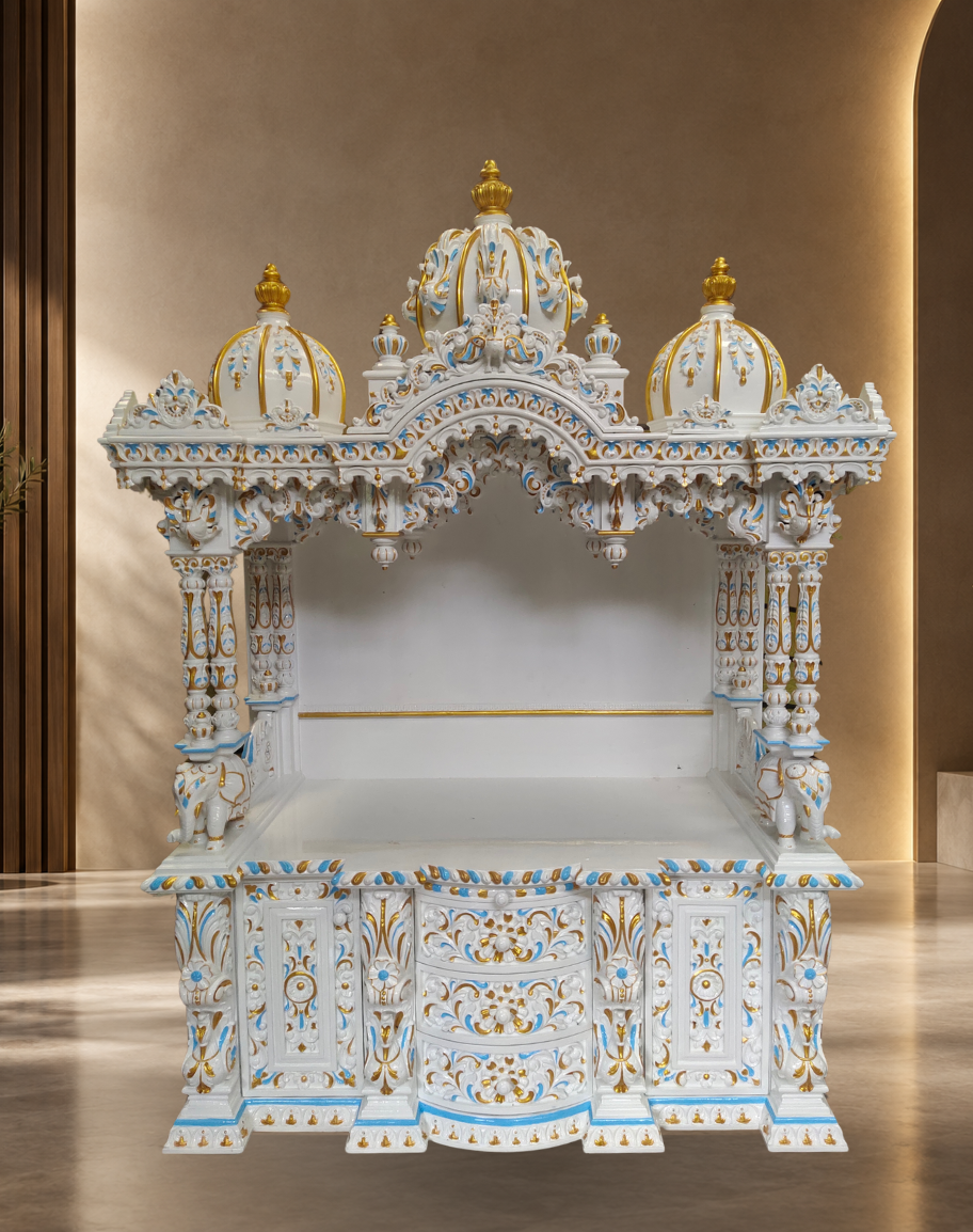 Handcrafted White, Gold, and Blue Teak Wood Grand Mandir with Storage