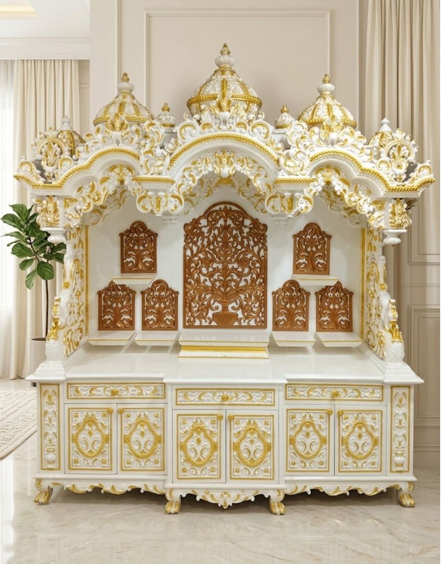 Handcrafted Sagwan Wood Mandir with White & Golden Finish