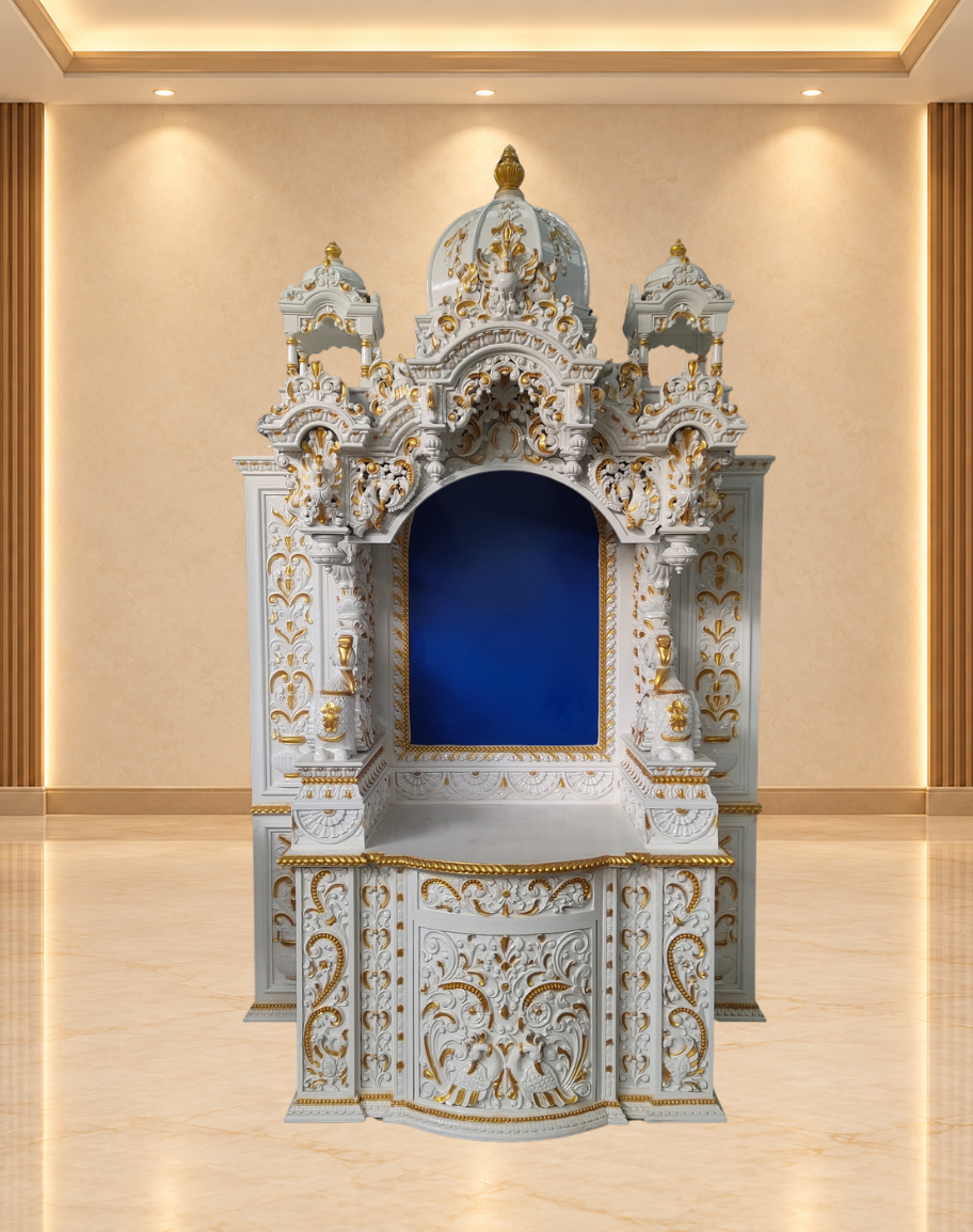 Handcrafted White and Gold Teak Wood Mandir with Storage