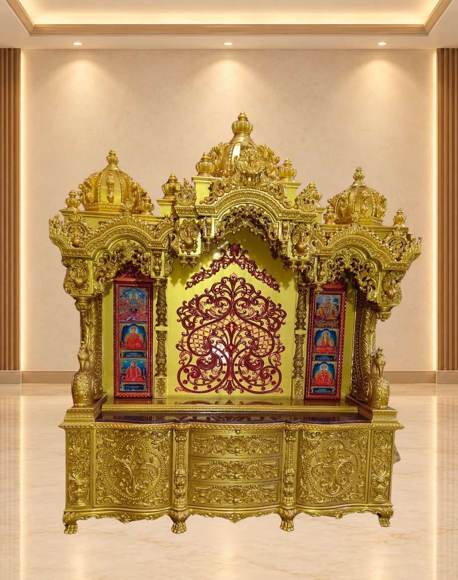 Opulent All-Gold Handcrafted Teak Wood Mandir