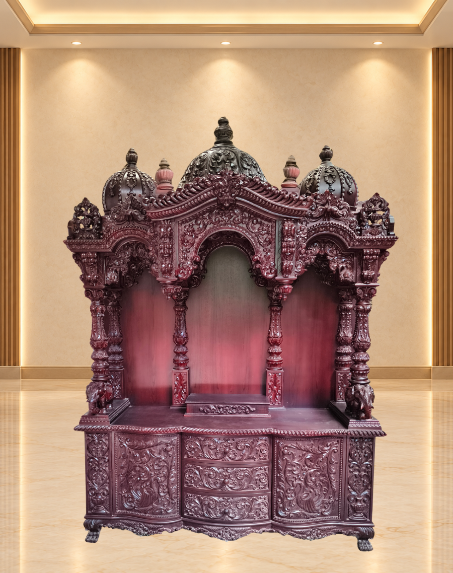 Handcrafted Dark Teak Wood Mandir with Storage Cabinets and Drawers