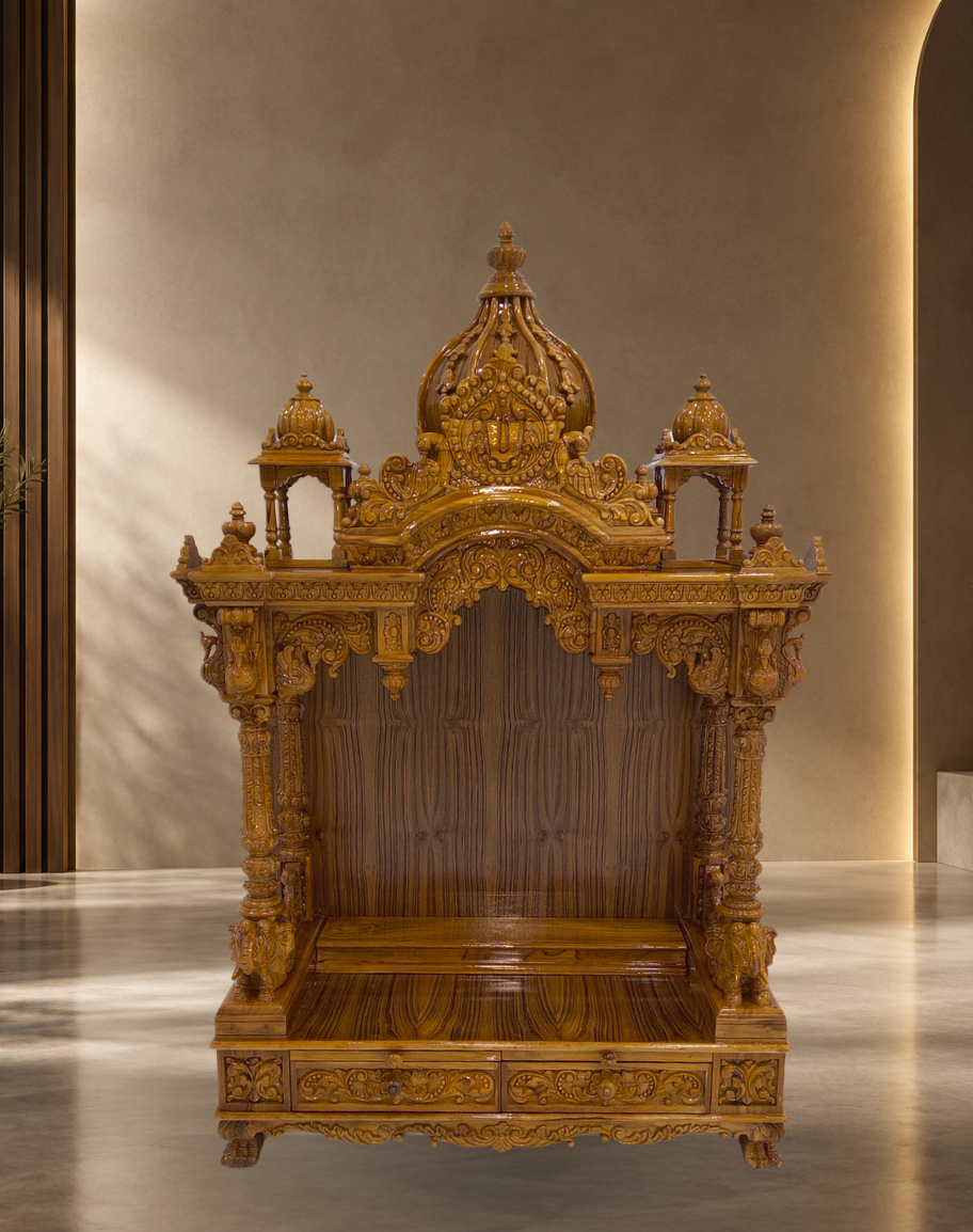 Handcrafted Sheesham Teak Wood Mandir with Storage Drawers