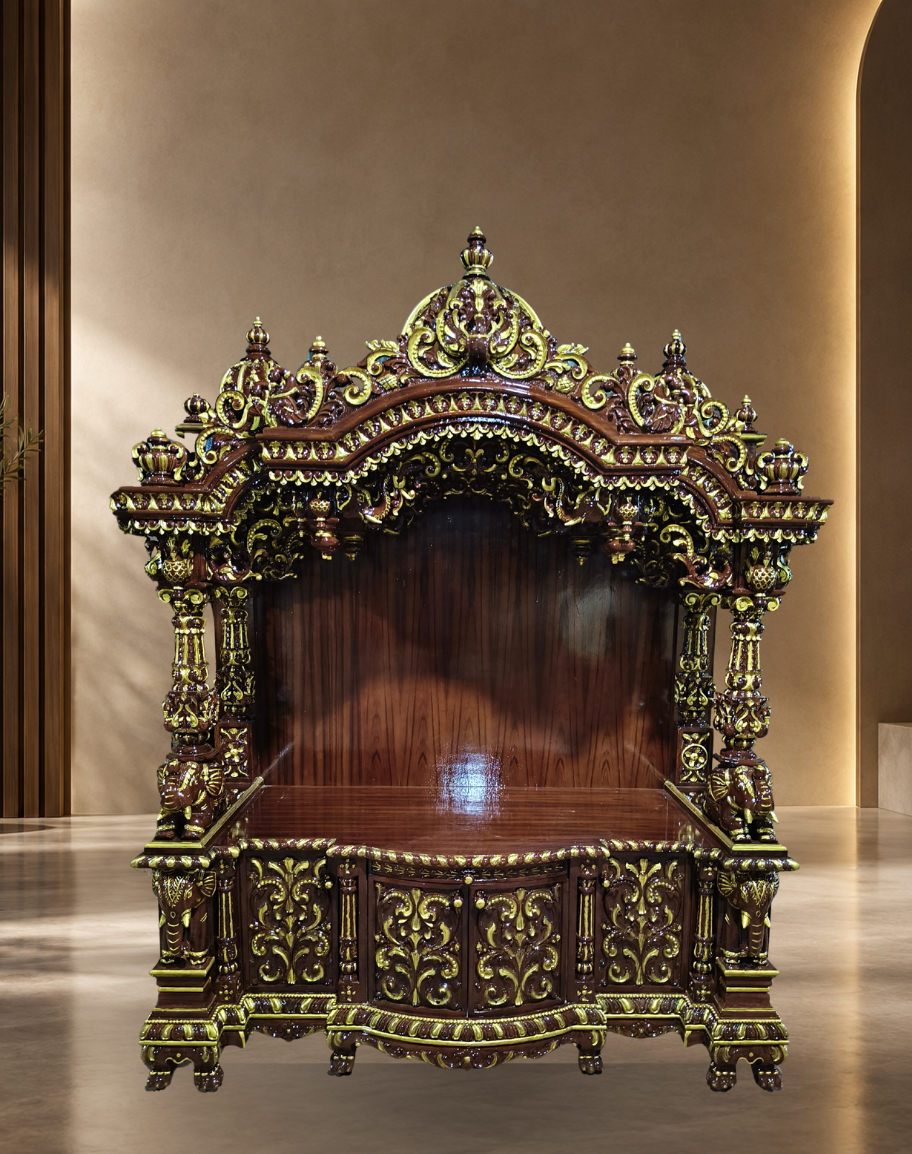 Handcrafted Dark Walnut and Gold Teak Wood Grand Mandir with Base Cabinets