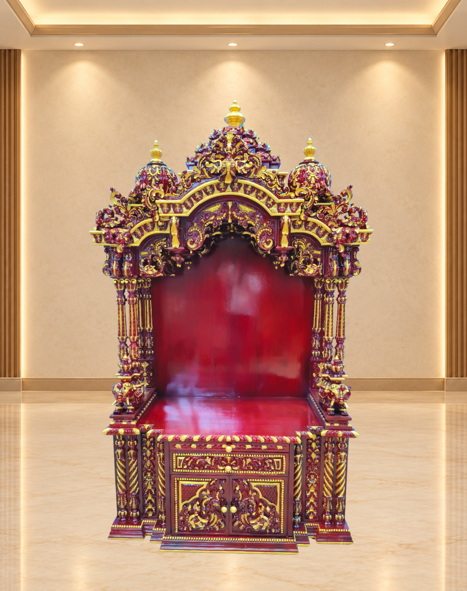 Handcrafted Teak Wood Mandir with Maroon Polish and Gold Highlighting
