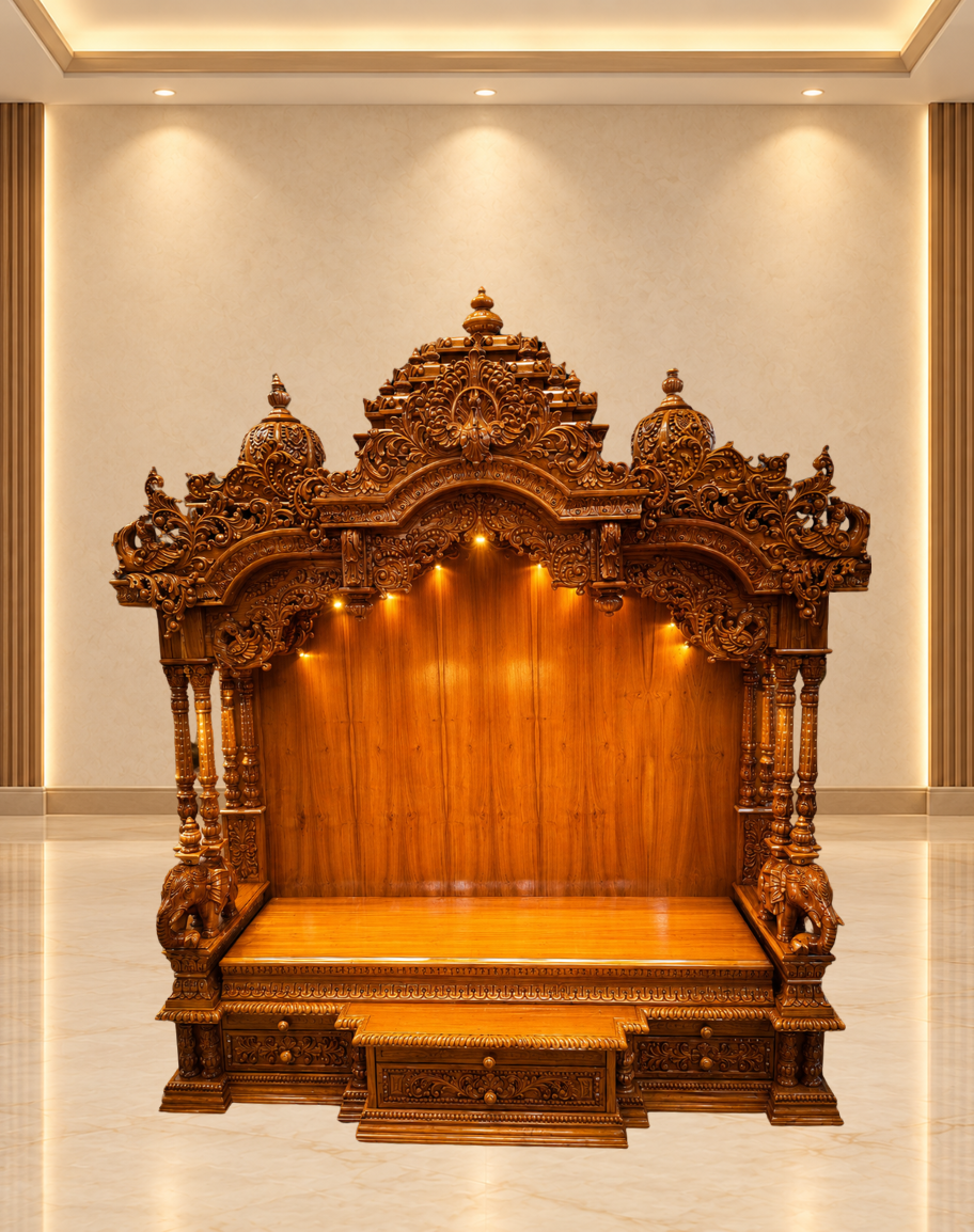 Ornate Teak Wood Mandir with Warm LED Illumination