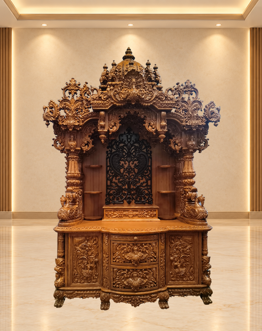 Handcrafted Teak Wood Mandir with Open Side Shelves and Intricate Back Jali