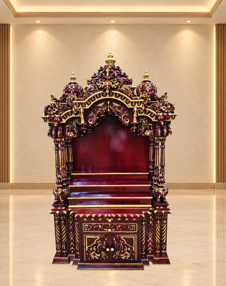 Handcrafted Teak Wood Mandir with Multi-Tier Step Platform and Gold Accents