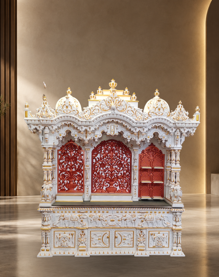 Handcrafted White and Gold Teak Wood Grand Mandir with Red Back Panels and Storage