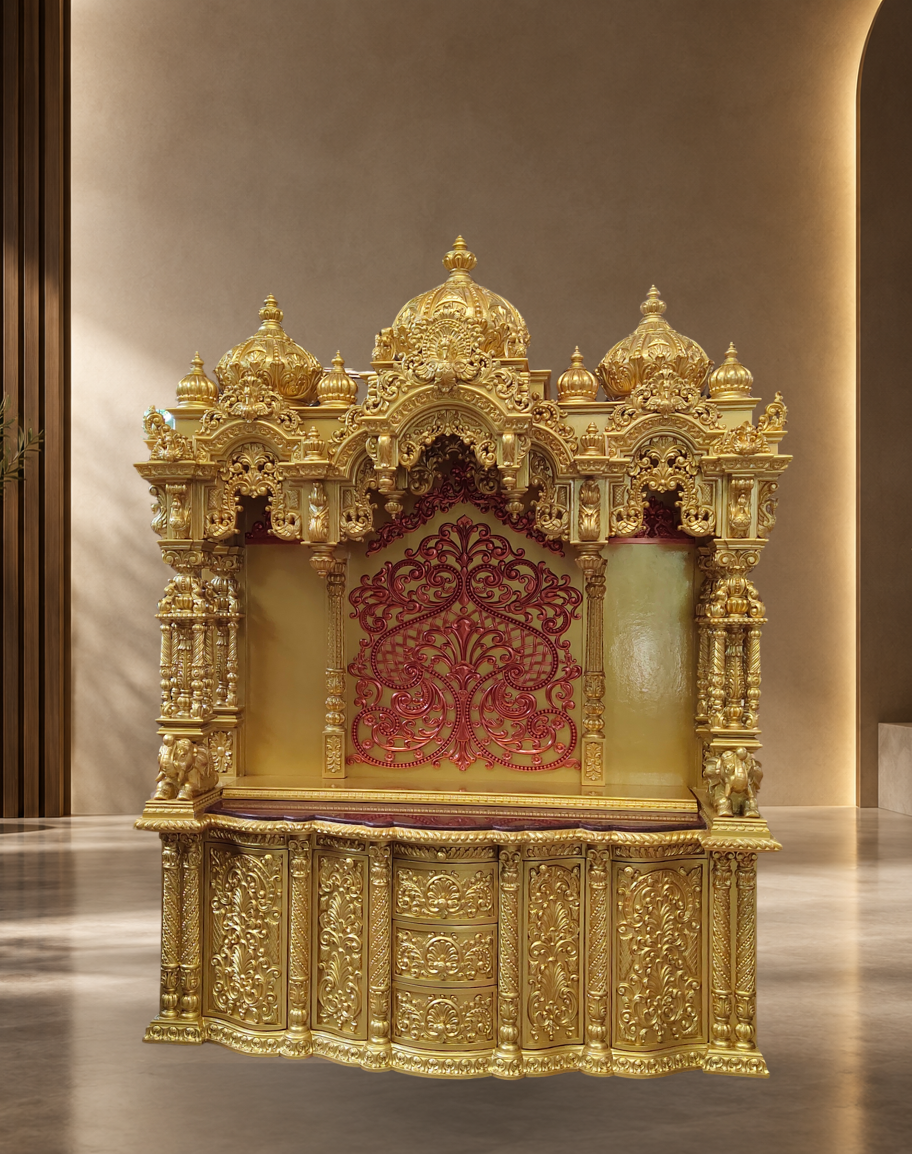 Handcrafted All-Gold Teak Wood Grand Mandir with Red Accent Back Panel and Storage