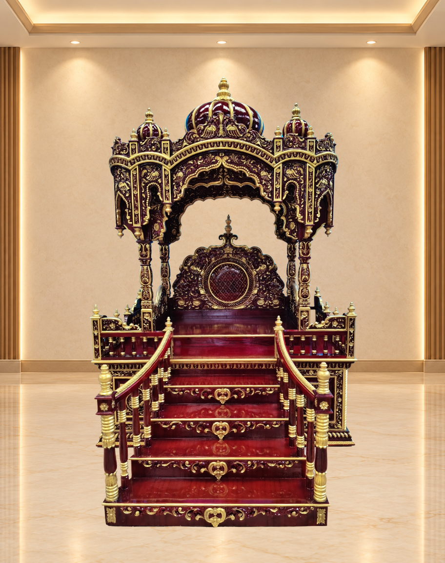 Grand Staircase Teak Wood Mandir with Rich Maroon and Gold Finish