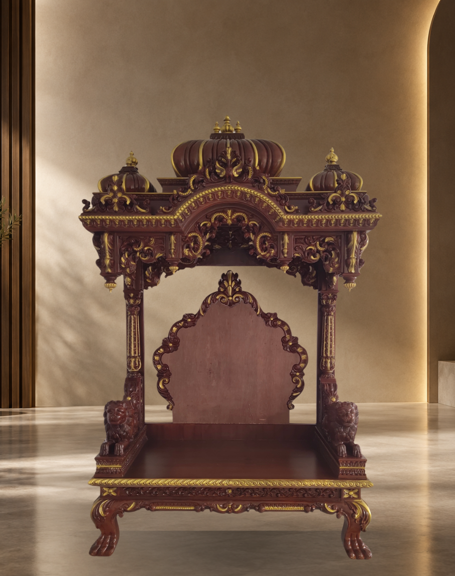 Handcrafted Dual-Tone Teak Wood Mandir with Lion Pillars