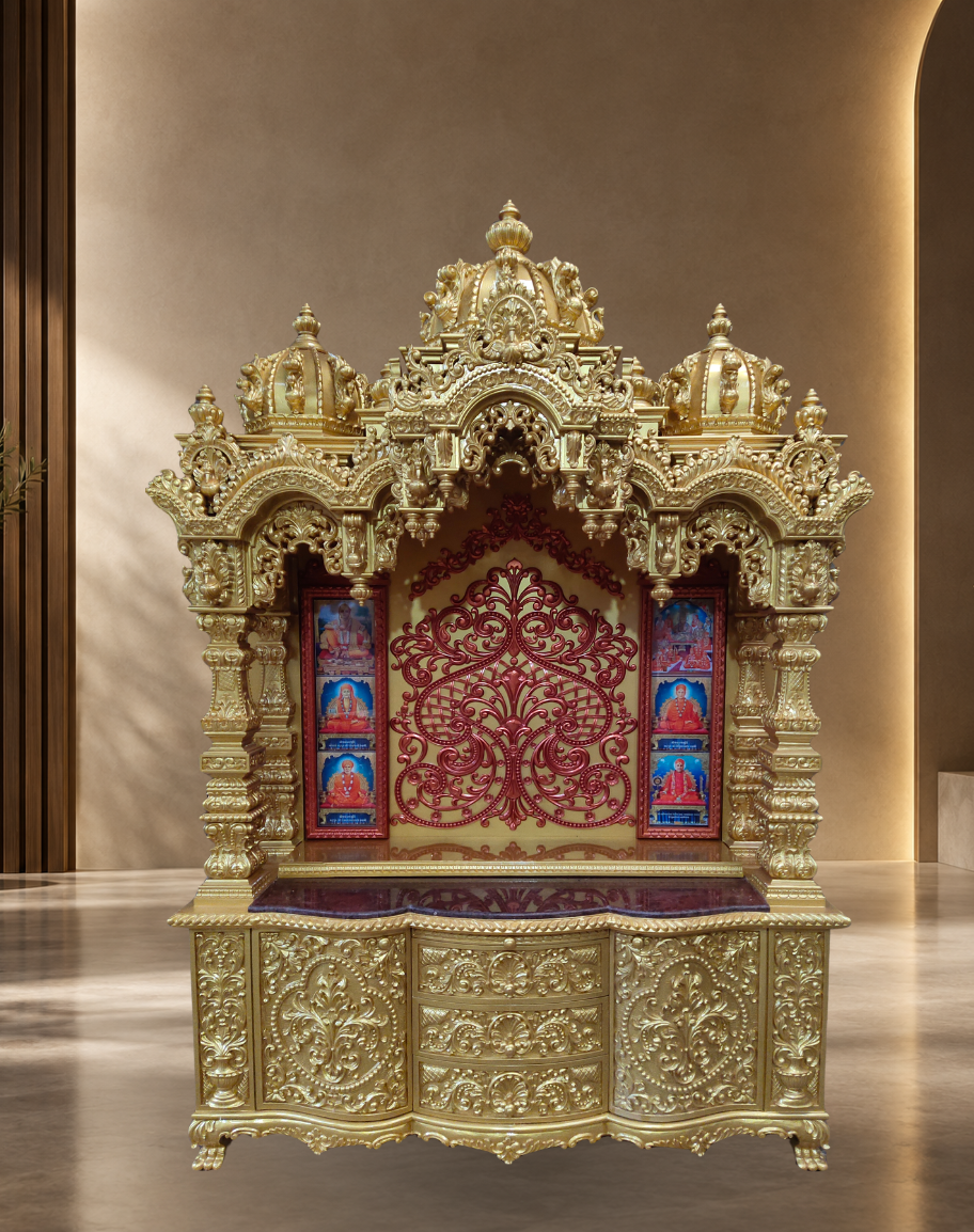 Handcrafted All-Gold Teak Wood Grand Mandir with Red Accent Back Panel and Storage
