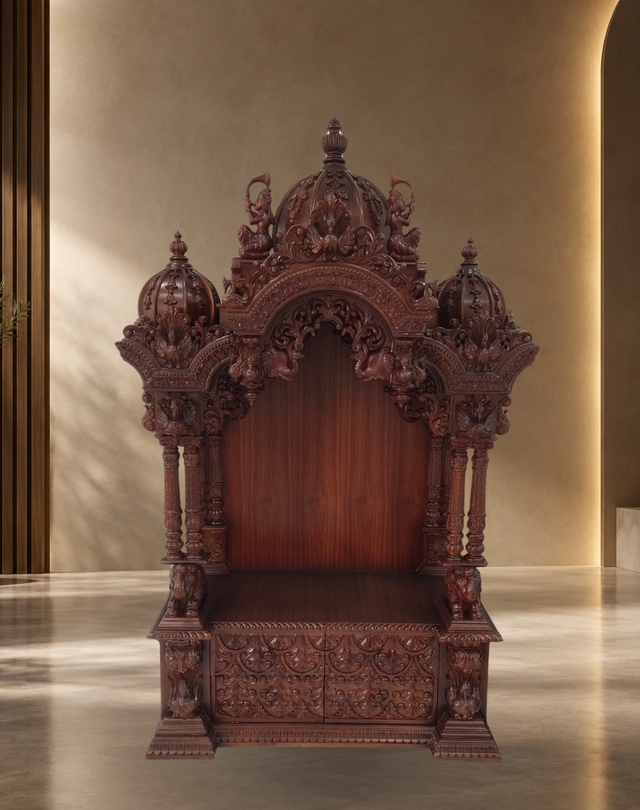 Handcrafted Dark Walnut Teak Wood Mandir with Base Cabinets