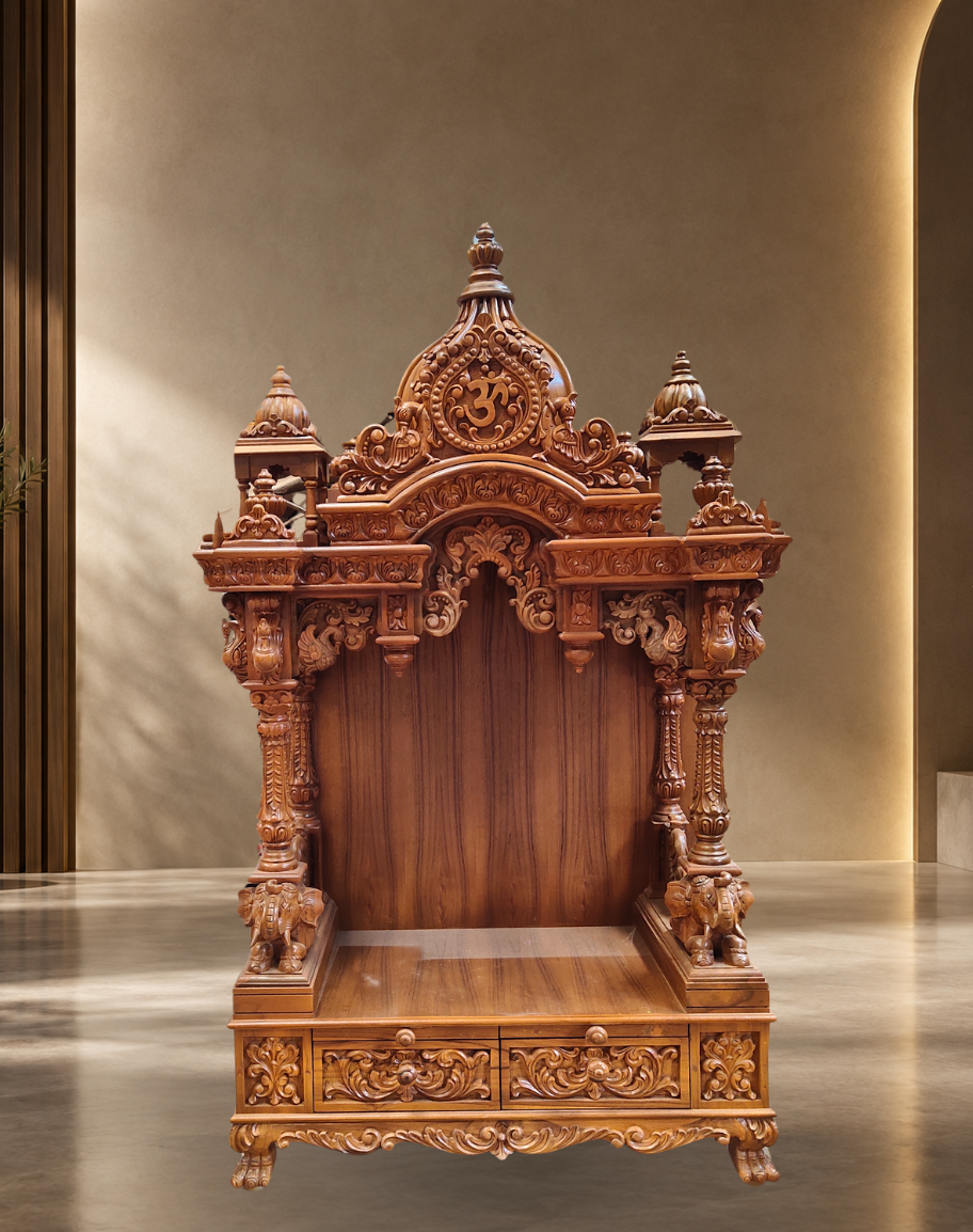 Handcrafted Teak Wood Mandir with Om Motif and Storage Drawers