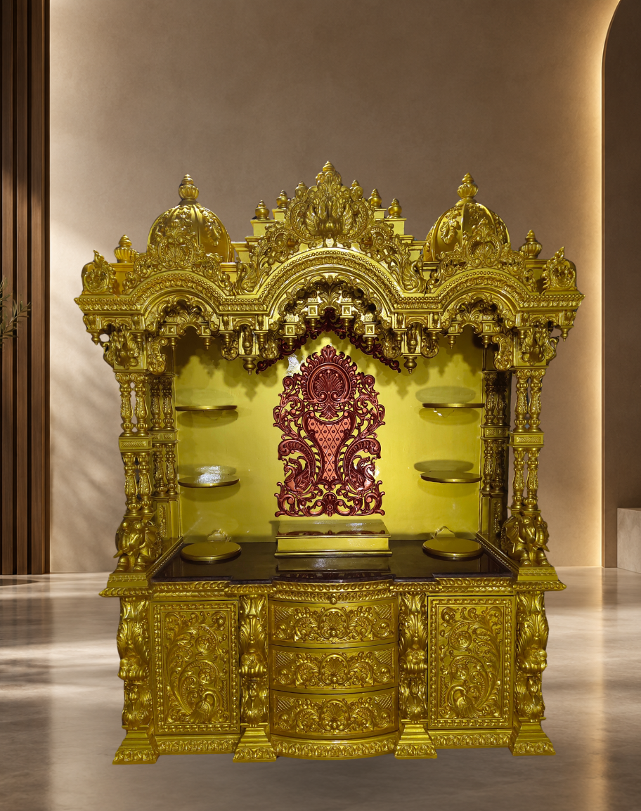 Handcrafted All-Gold Teak Wood Grand Mandir with Side Shelves, Red Accent Back Panel, and Storage