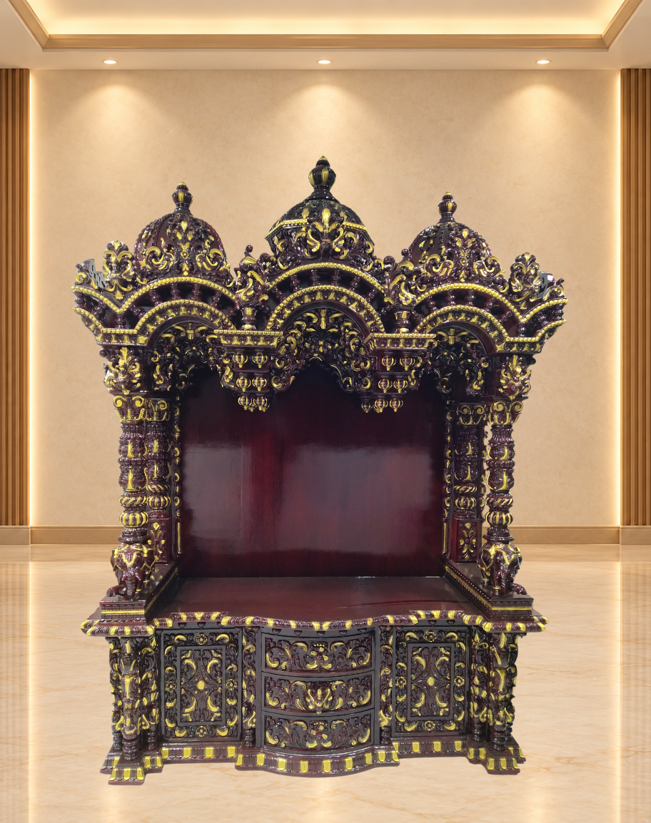 Handcrafted Teak Wood Mandir with Dark Walnut and Gold Highlights