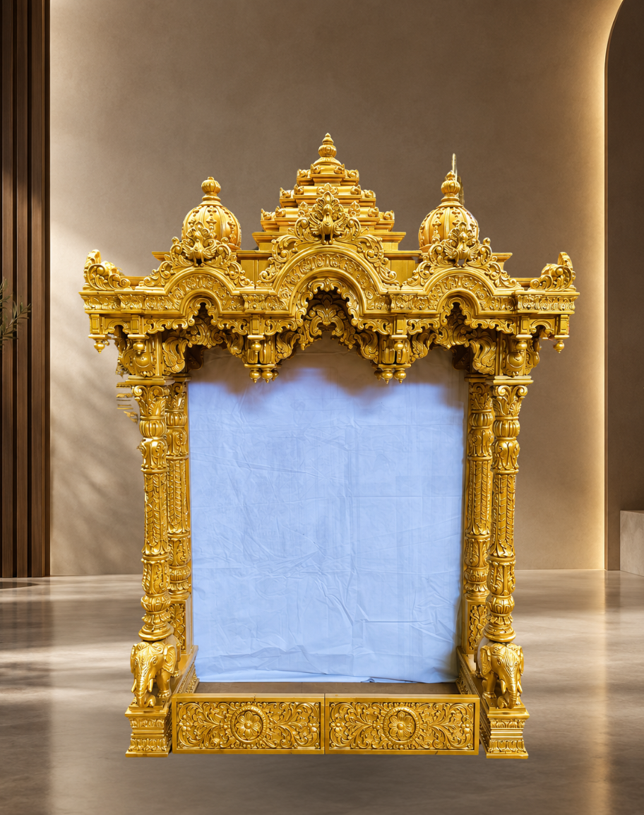 Handcrafted All-Gold Teak Wood Mandir