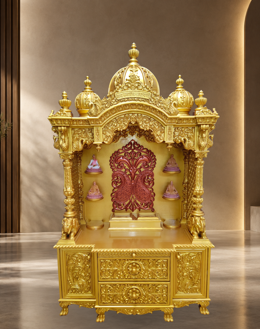 Handcrafted All-Gold Teak Wood Mandir with Side Shelves and Storage