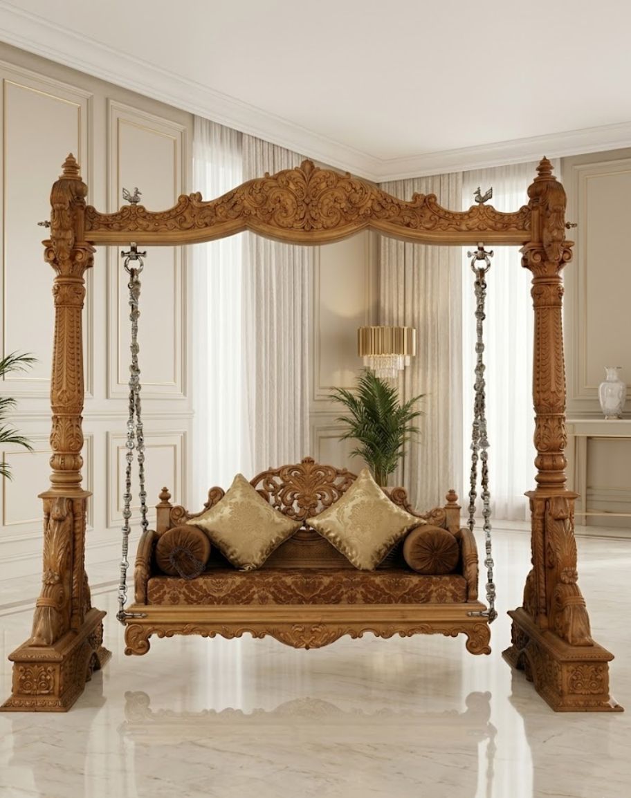 Handcrafted Teak Wood Indoor Swing with Natural Polish