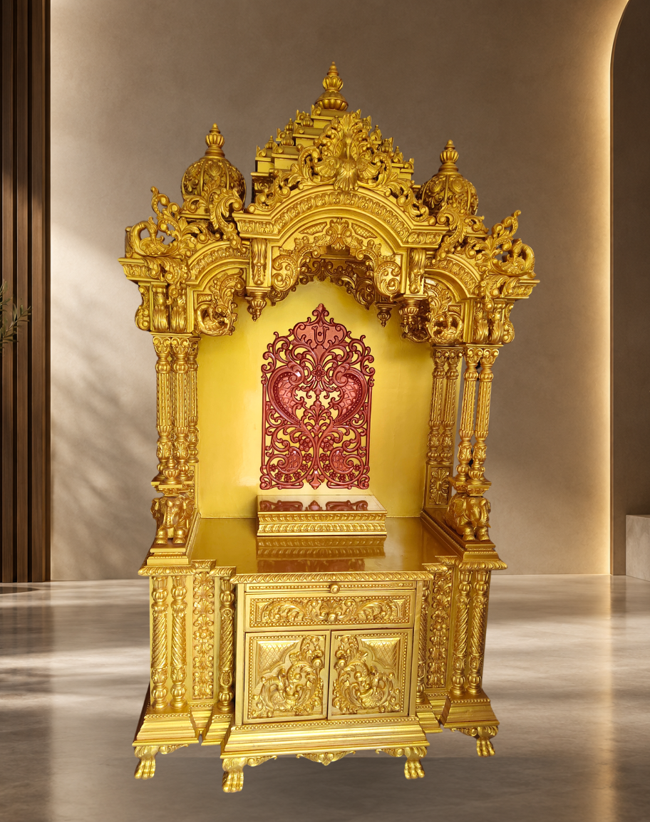 Handcrafted All-Gold Teak Wood Mandir with Red Back Panel and Base Storage