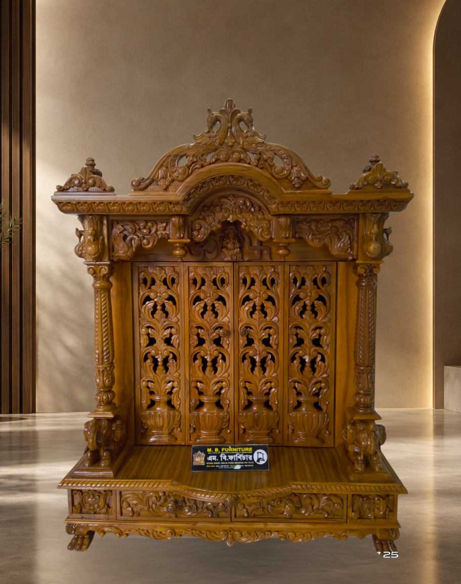 Handcrafted Teak Wood Mandir with Fretwork Doors